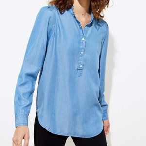 LOFT Chambray Ruffle Neck Blouse - S